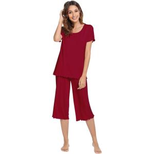 image:imageWiWi Pajamas for Women Super Soft Pajama Sets Cooling Short Sleeve Top Capri Pants Viscose from Bamboo Sleepwear Pjs S4XAwine Red