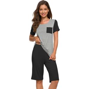 image:imageWiWi Pajamas for Women Super Soft Pajama Sets Cooling Short Sleeve Top Capri Pants Viscose from Bamboo Sleepwear Pjs S4XBblack