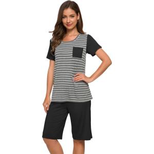 image:imageWiWi Pajamas for Women Super Soft Pajama Sets Cooling Short Sleeve Top Capri Pants Viscose from Bamboo Sleepwear Pjs S4XBstripeblack