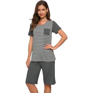 image:imageWiWi Pajamas for Women Super Soft Pajama Sets Cooling Short Sleeve Top Capri Pants Viscose from Bamboo Sleepwear Pjs S4XBstripeiron Grey
