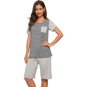 image:imageWiWi Pajamas for Women Super Soft Pajama Sets Cooling Short Sleeve Top Capri Pants Viscose from Bamboo Sleepwear Pjs S4XBstripelight Grey