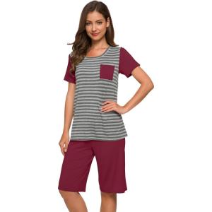 image:imageWiWi Pajamas for Women Super Soft Pajama Sets Cooling Short Sleeve Top Capri Pants Viscose from Bamboo Sleepwear Pjs S4XBstripewine