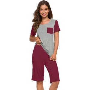 image:imageWiWi Pajamas for Women Super Soft Pajama Sets Cooling Short Sleeve Top Capri Pants Viscose from Bamboo Sleepwear Pjs S4XBwine