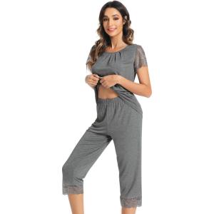 image:imageWiWi Pajamas for Women Super Soft Pajama Sets Cooling Short Sleeve Top Capri Pants Viscose from Bamboo Sleepwear Pjs S4XCdark Heather Grey
