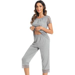 image:imageWiWi Pajamas for Women Super Soft Pajama Sets Cooling Short Sleeve Top Capri Pants Viscose from Bamboo Sleepwear Pjs S4XCheather Grey