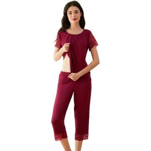 image:imageWiWi Pajamas for Women Super Soft Pajama Sets Cooling Short Sleeve Top Capri Pants Viscose from Bamboo Sleepwear Pjs S4XCwine