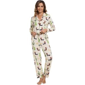 image:imageWiWi Viscose from Bamboo Womens Pajamas Set Super Soft Button Down Top and Pants Sleepwear Cooling Pjs S3XAdog and Cactus