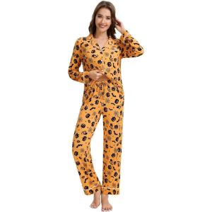 image:imageWiWi Viscose from Bamboo Womens Pajamas Set Super Soft Button Down Top and Pants Sleepwear Cooling Pjs S3XApumpkin Spider on Orange