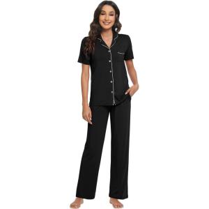 image:imageWiWi Viscose from Bamboo Womens Pajamas Set Super Soft Button Down Top and Pants Sleepwear Cooling Pjs S3XBblack