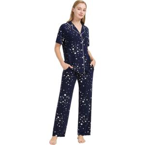 image:imageWiWi Viscose from Bamboo Womens Pajamas Set Super Soft Button Down Top and Pants Sleepwear Cooling Pjs S3XBnavy Stars