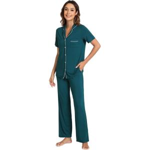 image:imageWiWi Viscose from Bamboo Womens Pajamas Set Super Soft Button Down Top and Pants Sleepwear Cooling Pjs S3XBpeacock Green