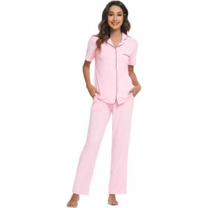 image:imageWiWi Viscose from Bamboo Womens Pajamas Set Super Soft Button Down Top and Pants Sleepwear Cooling Pjs S3XBpink