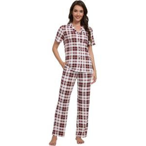 image:imageWiWi Viscose from Bamboo Womens Pajamas Set Super Soft Button Down Top and Pants Sleepwear Cooling Pjs S3XBredwhite Plaid