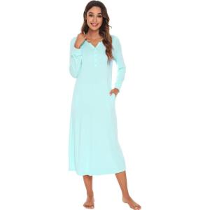 image:imageWiWi Nightgowns for Women Super Soft Sleepwear Long Sleeve V Neck Nightshirts Viscose from Bamboo Cooling Nightdress SXXLAaqua