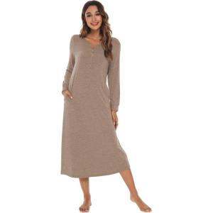 image:imageWiWi Nightgowns for Women Super Soft Sleepwear Long Sleeve V Neck Nightshirts Viscose from Bamboo Cooling Nightdress SXXLAcamel