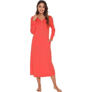 image:imageWiWi Nightgowns for Women Super Soft Sleepwear Long Sleeve V Neck Nightshirts Viscose from Bamboo Cooling Nightdress SXXLAcoral