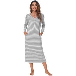 image:imageWiWi Nightgowns for Women Super Soft Sleepwear Long Sleeve V Neck Nightshirts Viscose from Bamboo Cooling Nightdress SXXLAgrey White Stripe