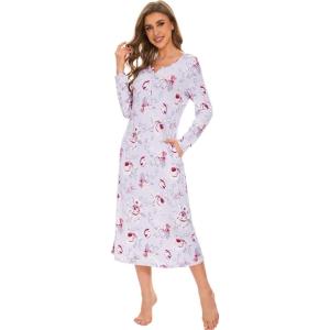 image:imageWiWi Nightgowns for Women Super Soft Sleepwear Long Sleeve V Neck Nightshirts Viscose from Bamboo Cooling Nightdress SXXLAgreyPeony
