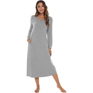 image:imageWiWi Nightgowns for Women Super Soft Sleepwear Long Sleeve V Neck Nightshirts Viscose from Bamboo Cooling Nightdress SXXLAheather Grey