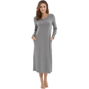 image:imageWiWi Nightgowns for Women Super Soft Sleepwear Long Sleeve V Neck Nightshirts Viscose from Bamboo Cooling Nightdress SXXLAheather Grey Stripe