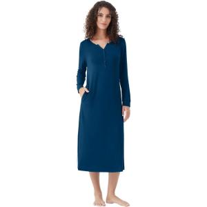 image:imageWiWi Nightgowns for Women Super Soft Sleepwear Long Sleeve V Neck Nightshirts Viscose from Bamboo Cooling Nightdress SXXLAink Blue