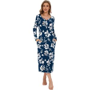 image:imageWiWi Nightgowns for Women Super Soft Sleepwear Long Sleeve V Neck Nightshirts Viscose from Bamboo Cooling Nightdress SXXLAink Blue Floral