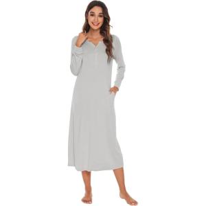 image:imageWiWi Nightgowns for Women Super Soft Sleepwear Long Sleeve V Neck Nightshirts Viscose from Bamboo Cooling Nightdress SXXLAlight Grey