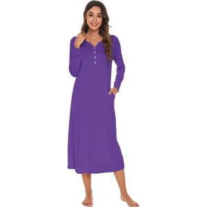 image:imageWiWi Nightgowns for Women Super Soft Sleepwear Long Sleeve V Neck Nightshirts Viscose from Bamboo Cooling Nightdress SXXLAlilac