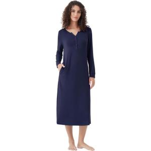 image:imageWiWi Nightgowns for Women Super Soft Sleepwear Long Sleeve V Neck Nightshirts Viscose from Bamboo Cooling Nightdress SXXLAnavy