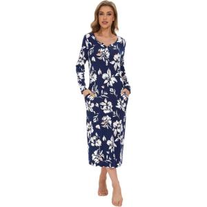 image:imageWiWi Nightgowns for Women Super Soft Sleepwear Long Sleeve V Neck Nightshirts Viscose from Bamboo Cooling Nightdress SXXLAnavy Floral