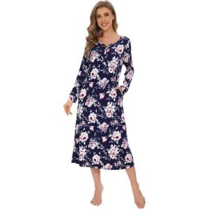 image:imageWiWi Nightgowns for Women Super Soft Sleepwear Long Sleeve V Neck Nightshirts Viscose from Bamboo Cooling Nightdress SXXLAnavyPeony
