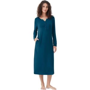 image:imageWiWi Nightgowns for Women Super Soft Sleepwear Long Sleeve V Neck Nightshirts Viscose from Bamboo Cooling Nightdress SXXLApeacock Blue