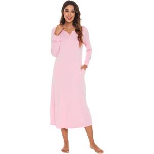 image:imageWiWi Nightgowns for Women Super Soft Sleepwear Long Sleeve V Neck Nightshirts Viscose from Bamboo Cooling Nightdress SXXLApink