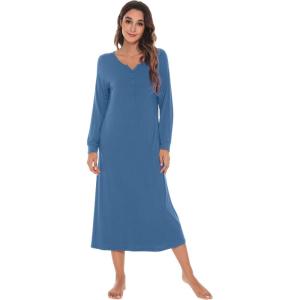 image:imageWiWi Nightgowns for Women Super Soft Sleepwear Long Sleeve V Neck Nightshirts Viscose from Bamboo Cooling Nightdress SXXLAprussian Blue