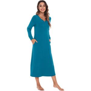 image:imageWiWi Nightgowns for Women Super Soft Sleepwear Long Sleeve V Neck Nightshirts Viscose from Bamboo Cooling Nightdress SXXLAteal Blue