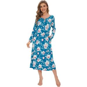 image:imageWiWi Nightgowns for Women Super Soft Sleepwear Long Sleeve V Neck Nightshirts Viscose from Bamboo Cooling Nightdress SXXLAteal BluePeony