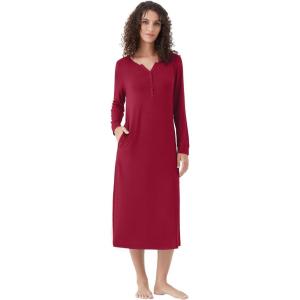 image:imageWiWi Nightgowns for Women Super Soft Sleepwear Long Sleeve V Neck Nightshirts Viscose from Bamboo Cooling Nightdress SXXLAwine Red