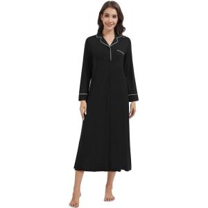 image:imageWiWi Nightgowns for Women Super Soft Sleepwear Long Sleeve V Neck Nightshirts Viscose from Bamboo Cooling Nightdress SXXLBblack