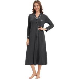 image:imageWiWi Nightgowns for Women Super Soft Sleepwear Long Sleeve V Neck Nightshirts Viscose from Bamboo Cooling Nightdress SXXLBcharcoal Heather