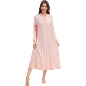image:imageWiWi Nightgowns for Women Super Soft Sleepwear Long Sleeve V Neck Nightshirts Viscose from Bamboo Cooling Nightdress SXXLBcream Pink