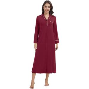 image:imageWiWi Nightgowns for Women Super Soft Sleepwear Long Sleeve V Neck Nightshirts Viscose from Bamboo Cooling Nightdress SXXLBwine