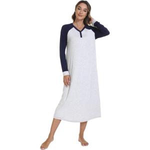 image:imageWiWi Nightgowns for Women Super Soft Sleepwear Long Sleeve V Neck Nightshirts Viscose from Bamboo Cooling Nightdress SXXLCash GreyNavy