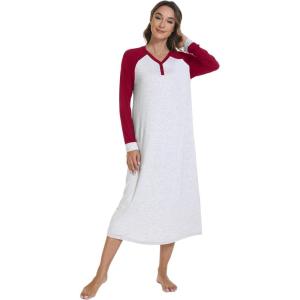 image:imageWiWi Nightgowns for Women Super Soft Sleepwear Long Sleeve V Neck Nightshirts Viscose from Bamboo Cooling Nightdress SXXLCash GreyWine Red