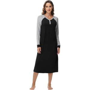 image:imageWiWi Nightgowns for Women Super Soft Sleepwear Long Sleeve V Neck Nightshirts Viscose from Bamboo Cooling Nightdress SXXLCblack