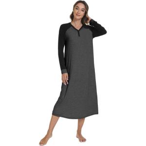 image:imageWiWi Nightgowns for Women Super Soft Sleepwear Long Sleeve V Neck Nightshirts Viscose from Bamboo Cooling Nightdress SXXLCcharcoal Heather