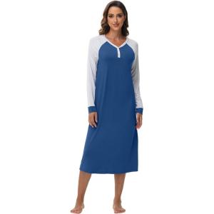 image:imageWiWi Nightgowns for Women Super Soft Sleepwear Long Sleeve V Neck Nightshirts Viscose from Bamboo Cooling Nightdress SXXLCprussian Blue