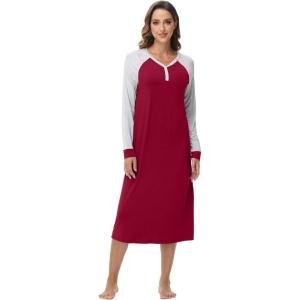 image:imageWiWi Nightgowns for Women Super Soft Sleepwear Long Sleeve V Neck Nightshirts Viscose from Bamboo Cooling Nightdress SXXLCwine Red