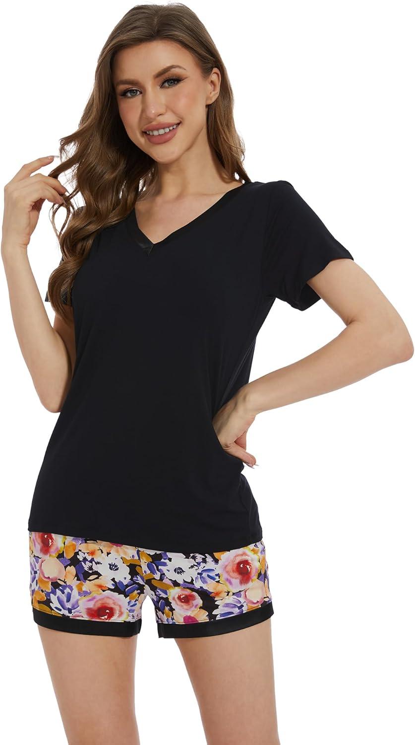 image:imageWiWi Viscose from Bamboo Pajamas Set for Women Super Soft Short Sleeve Cooling Summer Plus Size Pjs Sets Sleepwear S4XBblackcolorful Floral