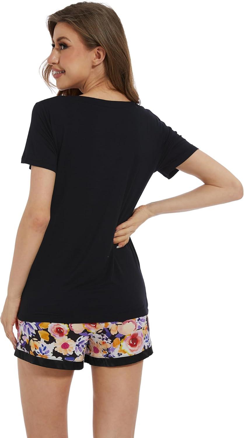 image:imageWiWi Viscose from Bamboo Pajamas Set for Women Super Soft Short Sleeve Cooling Summer Plus Size Pjs Sets Sleepwear S4XBblackcolorful Floral