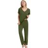 image:imageWiWi Womens Viscose from Bamboo Pajamas Set Short Sleeve Top with Pants Pjs Soft V Neck Sleepwear Lightweight Loungewear S3XAarmy Green